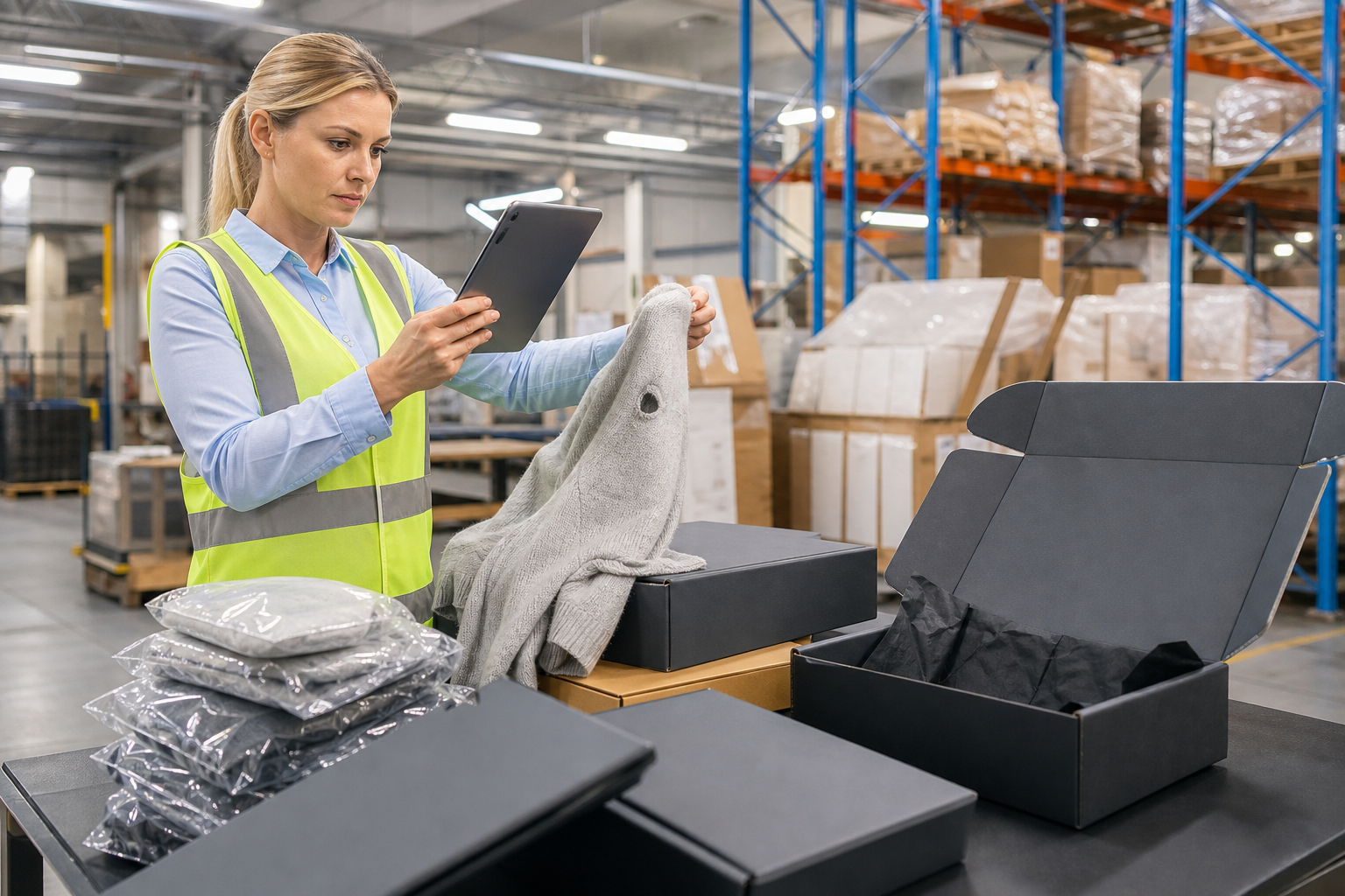 QC clearance alongside branded packaging in warehouse