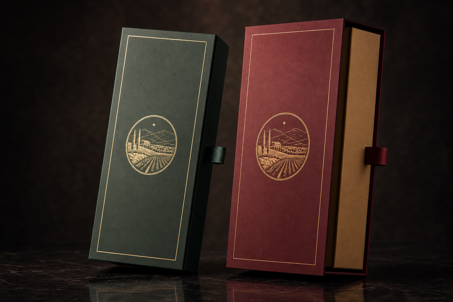 Branded magnetic and ribbon-lift liquor gift boxes ready for retail display
