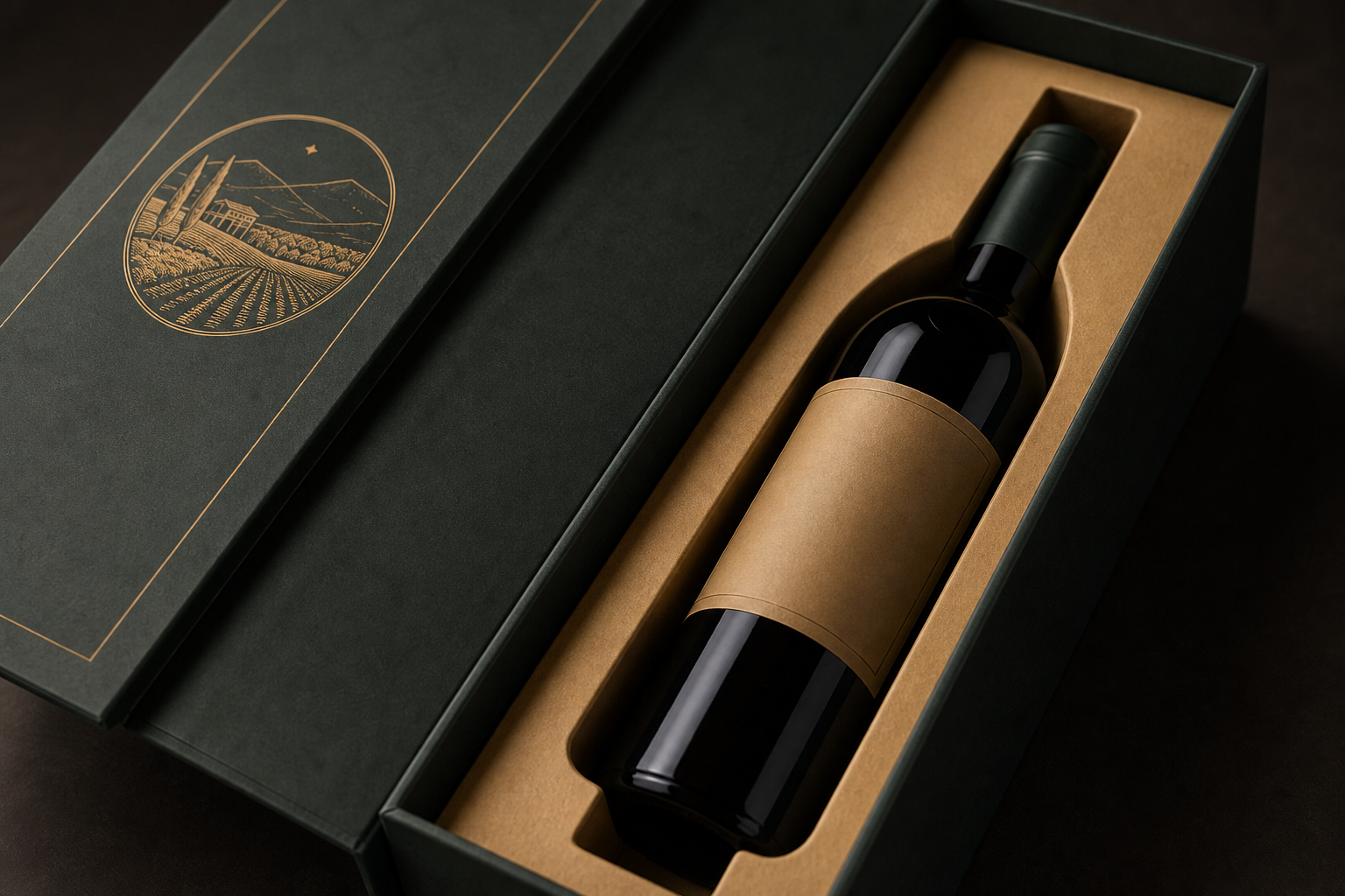 Wine bottle cradled in custom foam insert inside rigid gift box