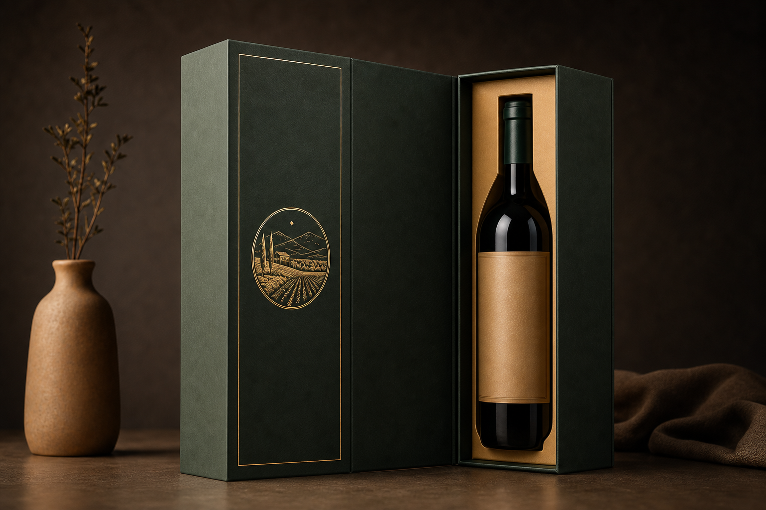 Premium rigid wine gift box with magnetic book-style closure and gold foil logo