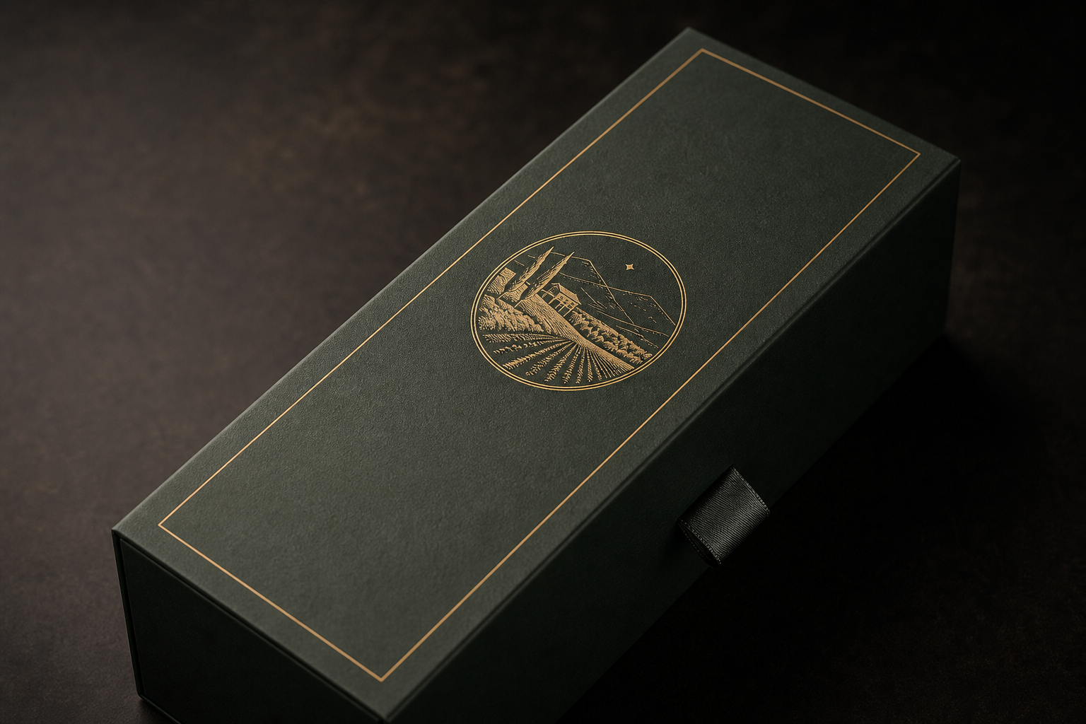 Ribbon-lift wine gift box lid with gold foil brand panel