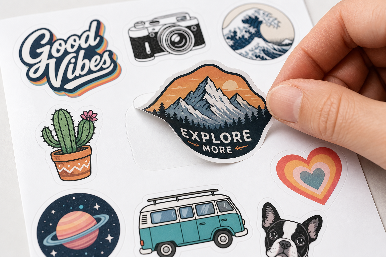 Custom die-cut logo stickers on production sheet