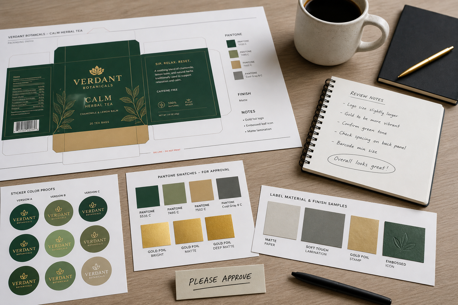 Digital proof and sticker samples on desk for brand review