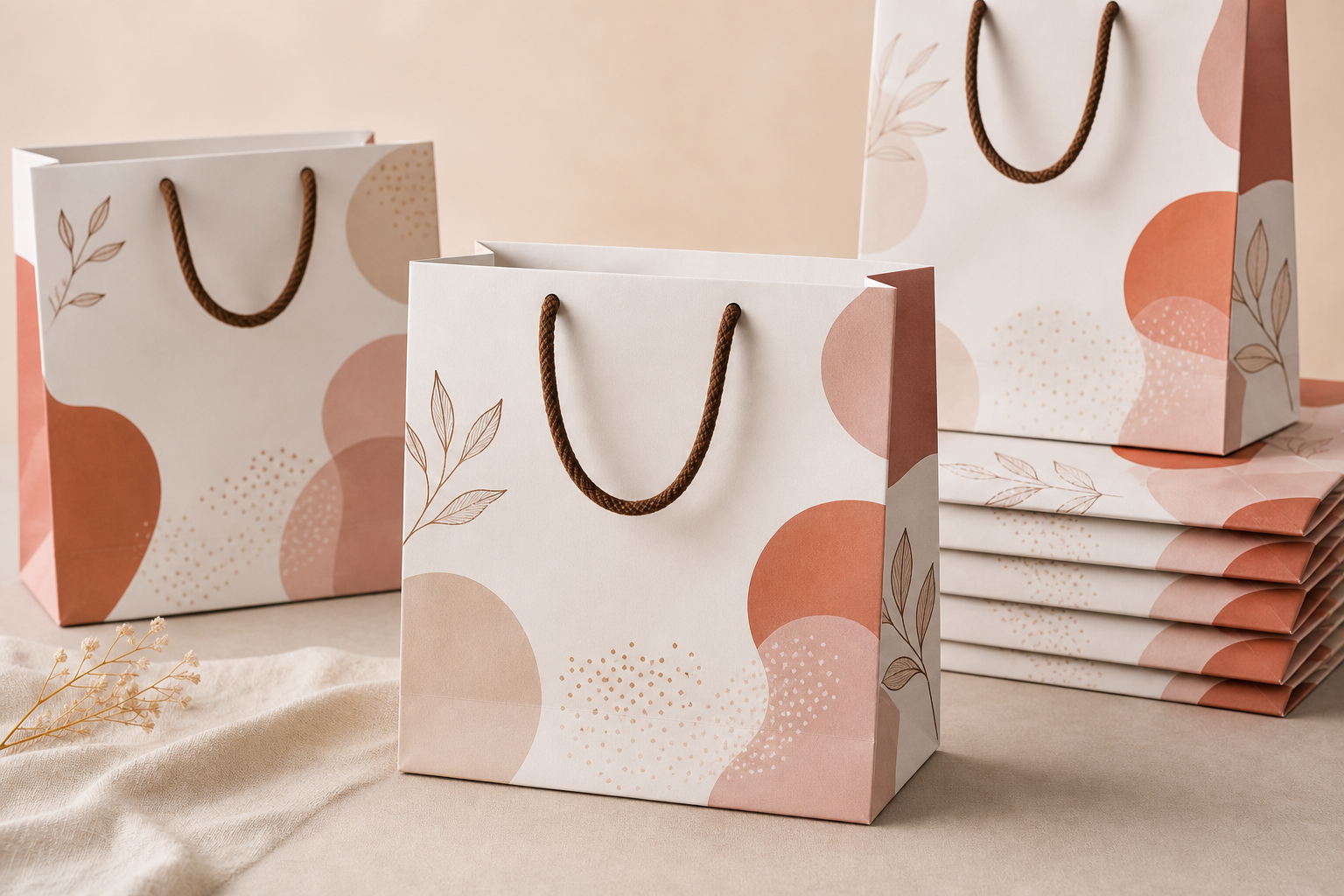 Custom rope-handle paper tote bags with full-panel botanical brand print