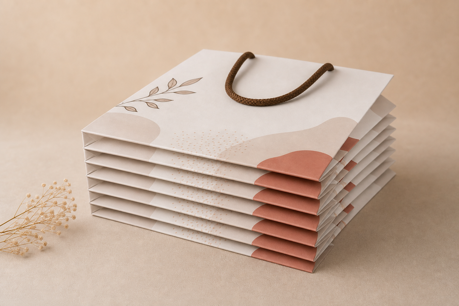 Stack of branded paper tote bags with rope handles ready for retail